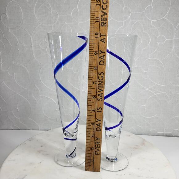 Pier 1 Swirline Pilsner Glass Pair 10" Cobalt Blue Handblown Set‎ of 2 - Picture 3 of 10